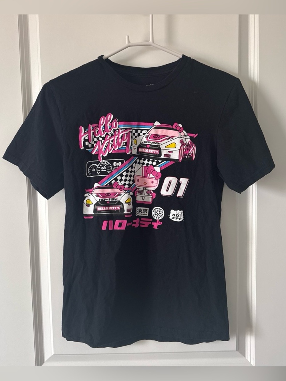 Sanrio Hello Kitty Black Tee with Pink Racing Graphic